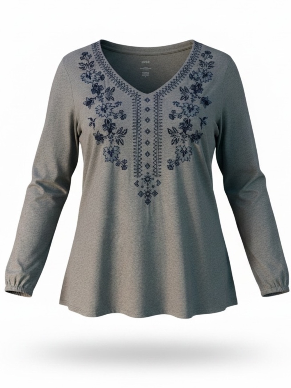 Women’s Light Blue Embroidered V-Neck Long Sleeve Top